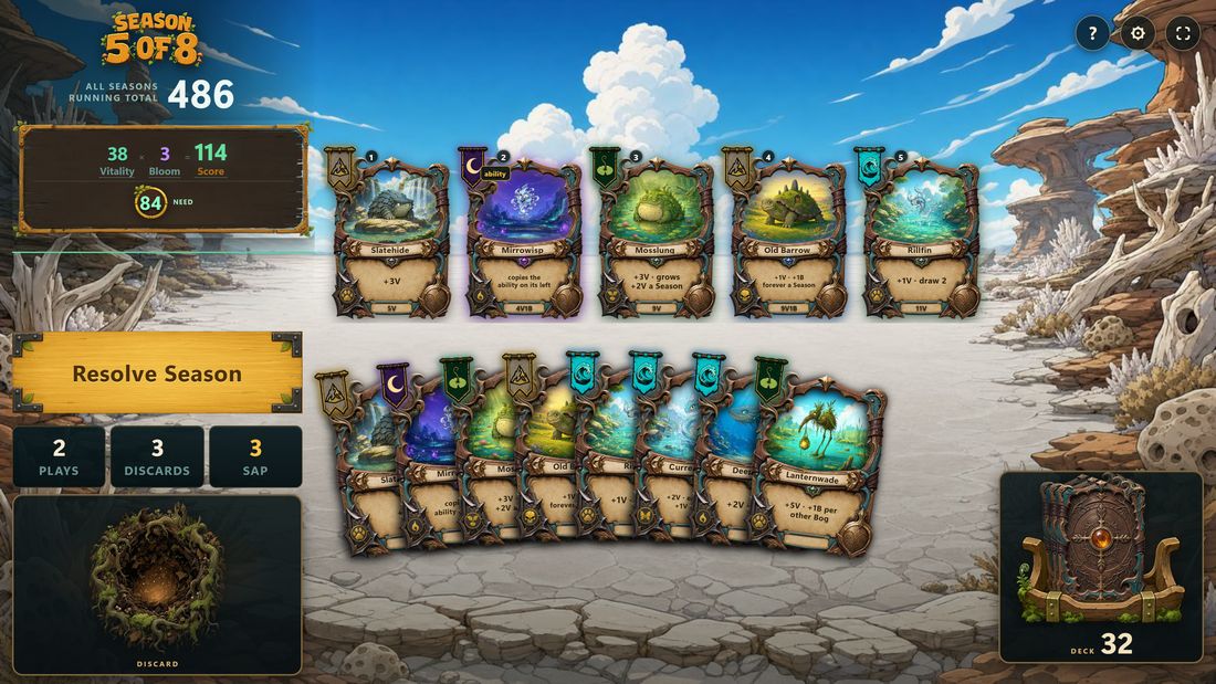 A Habitat board — creatures placed in a row above a fanned hand of cards